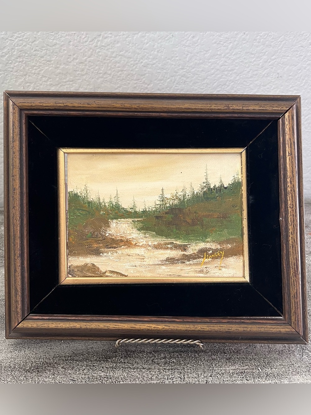 Vintage Original River Landscape Oil Painting Signed Yancey Thick Velvet Framed
